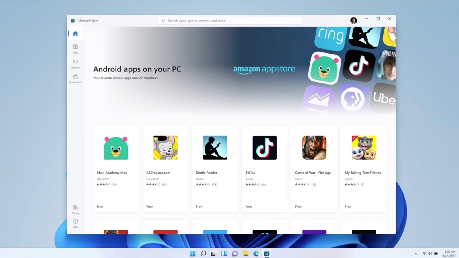 Captura de pantalla de la selección de aplicaciones de Android en Microsoft Store 