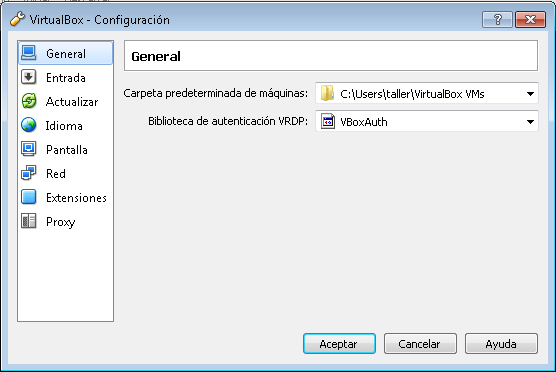 pestaña de configuración general en virtualBox