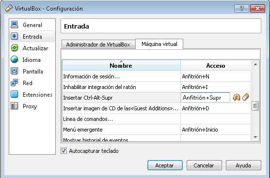 Configuración "Cntr+Alt+Supr" en virtualBox