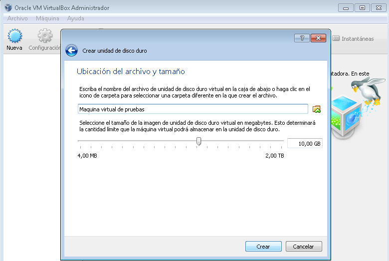 Tamaño disco duro VirtualBox Windows XP