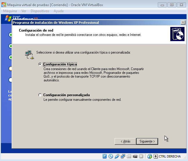 Configuración de red VirtualBox Windows XP
