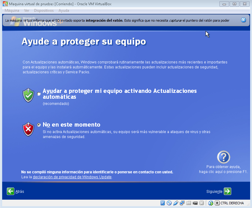Acutalizaciones automáticas Windows XP VirtualBox