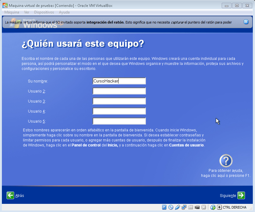 Usuario Hacker VirtualBox Windows XP