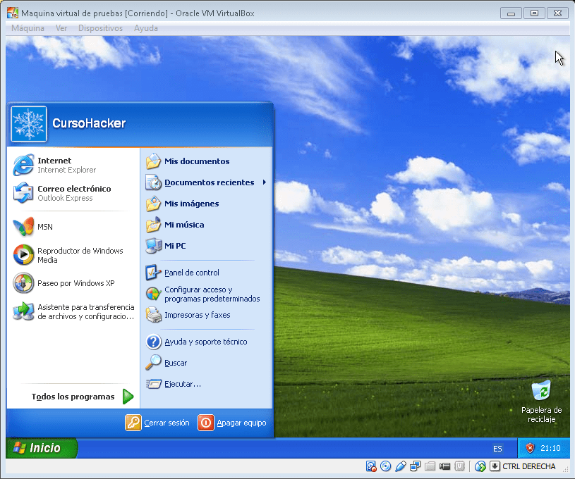 Inicio Windows XP Hacker VirtualBox