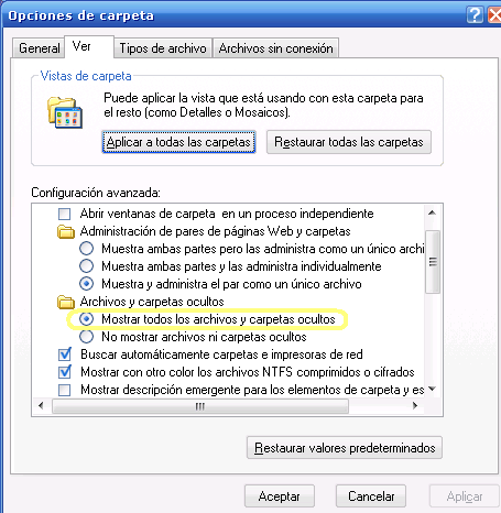 Mostrar archivos ocultos Windows XP