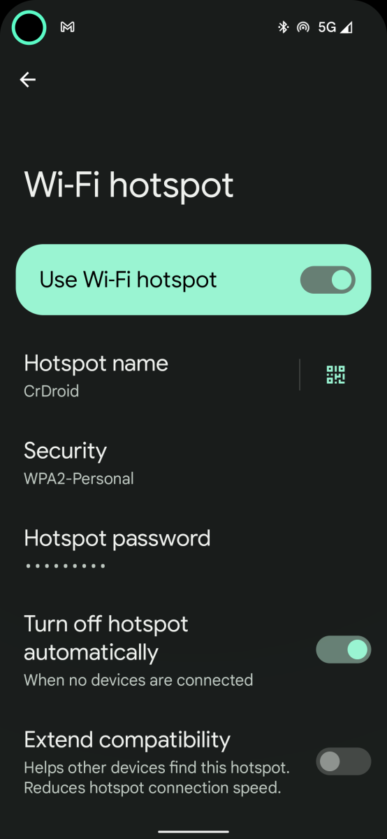 Pantalla del punto de acceso Wi-Fi de Android 12