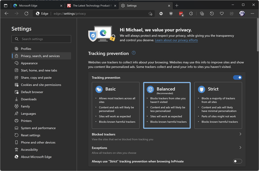 Opciones de privacidad de Edge en Windows 11