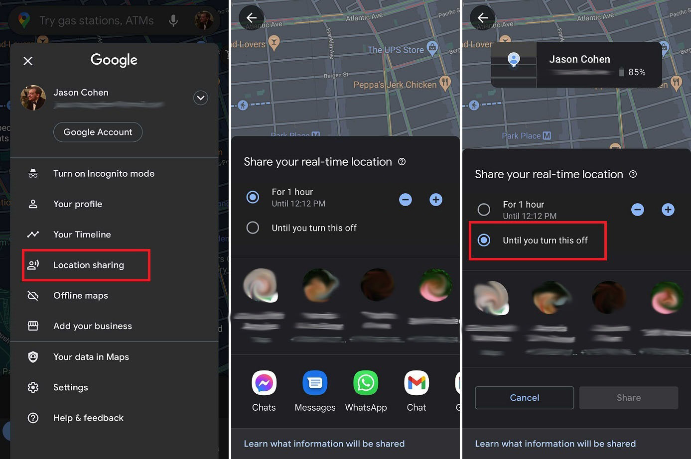 capturas de pantalla que le muestran cómo compartir su ubicación con alguien hasta que la apague manualmente