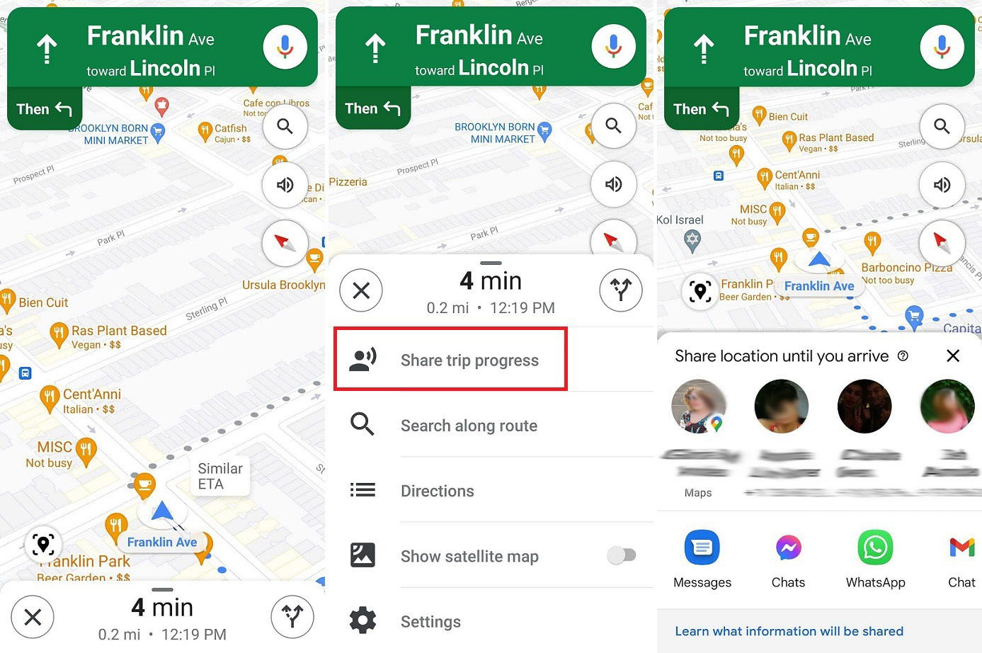 Capturas de pantalla que le muestran cómo compartir su hora estimada de llegada con alguien en el modo de navegación detallada