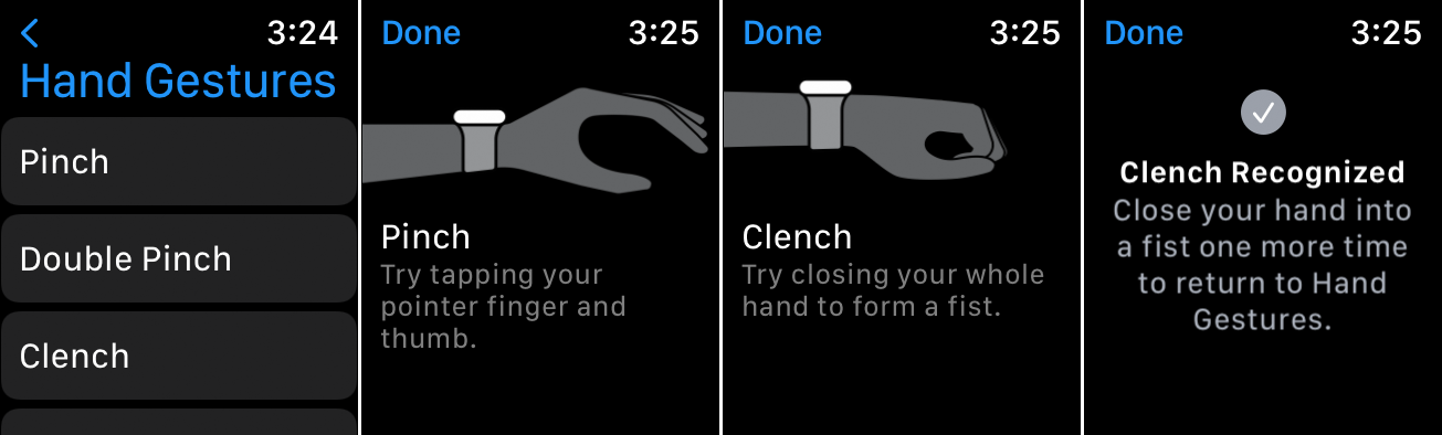 Capturas de pantalla de Apple Watch que muestran los gestos con las manos disponibles