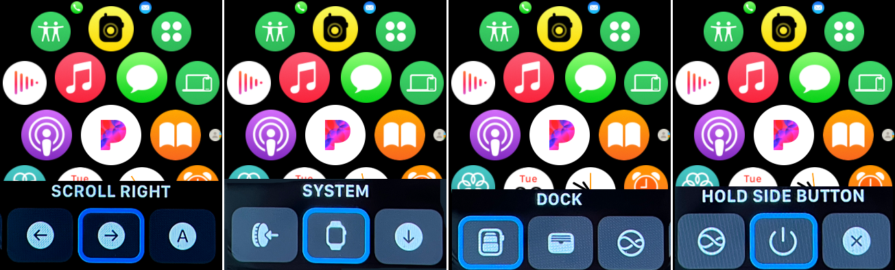 Capturas de pantalla del reloj de Apple que muestran las opciones de desplazamiento mediante asistencia técnica
