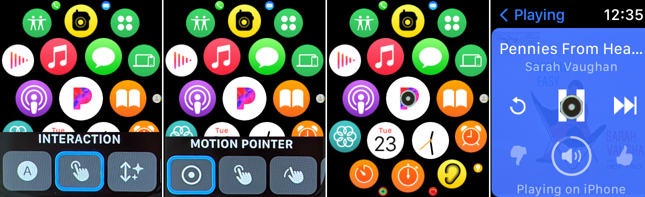 capturas de pantalla de Apple Watch que demuestran el movimiento del puntero para abrir la aplicación de música