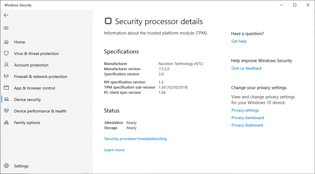 Detalles del procesador de seguridad de Windows 11