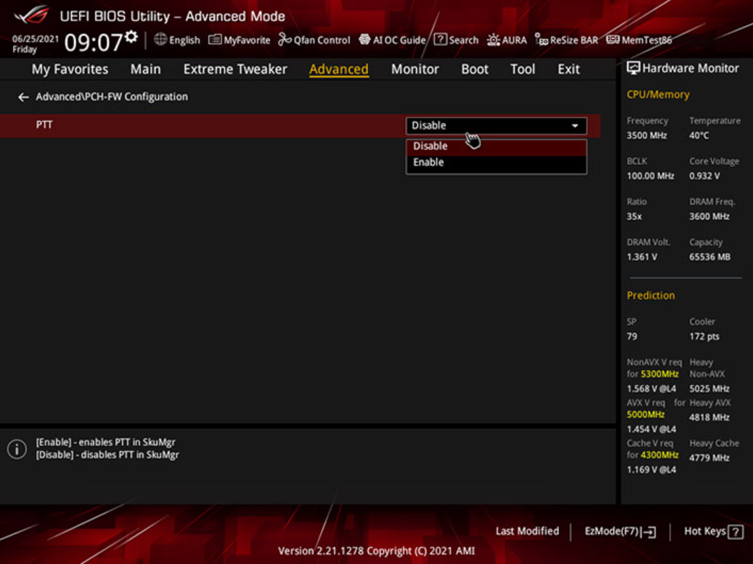 Captura de pantalla del BIOS de Asus para la configuración de TPM