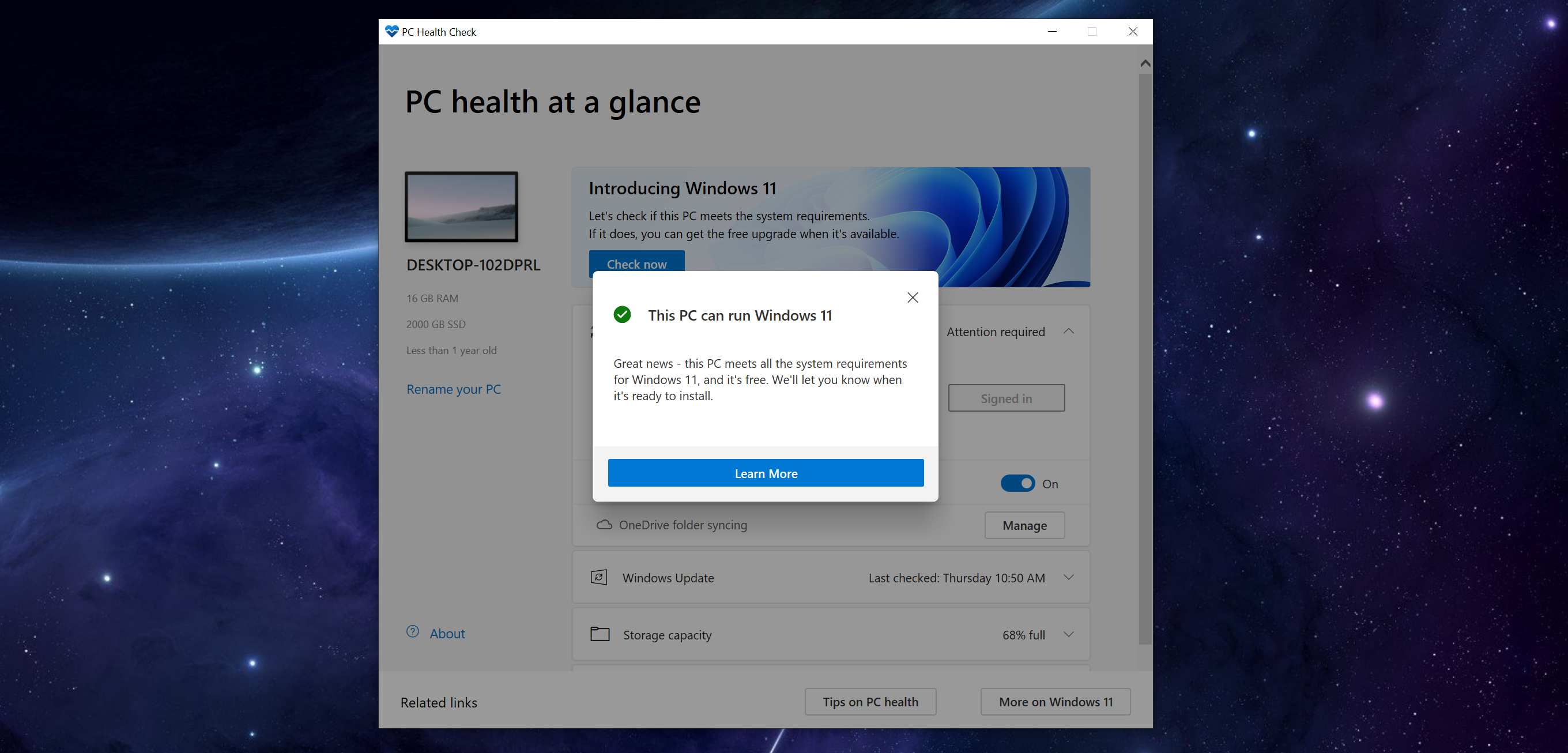 Captura de pantalla de comprobación de compatibilidad de Windows