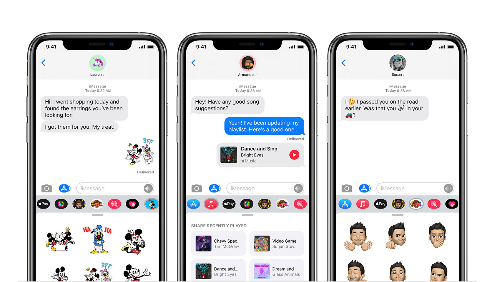 Tres pantallas de iPhone que muestran mensajes grupales en Noticias