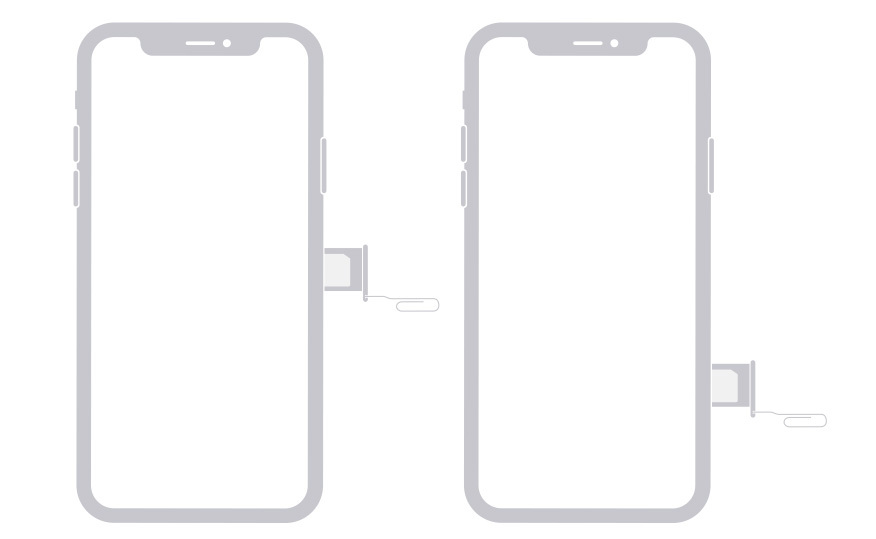 Esquema de dos iPhones, cada uno con la bandeja SIM extendida