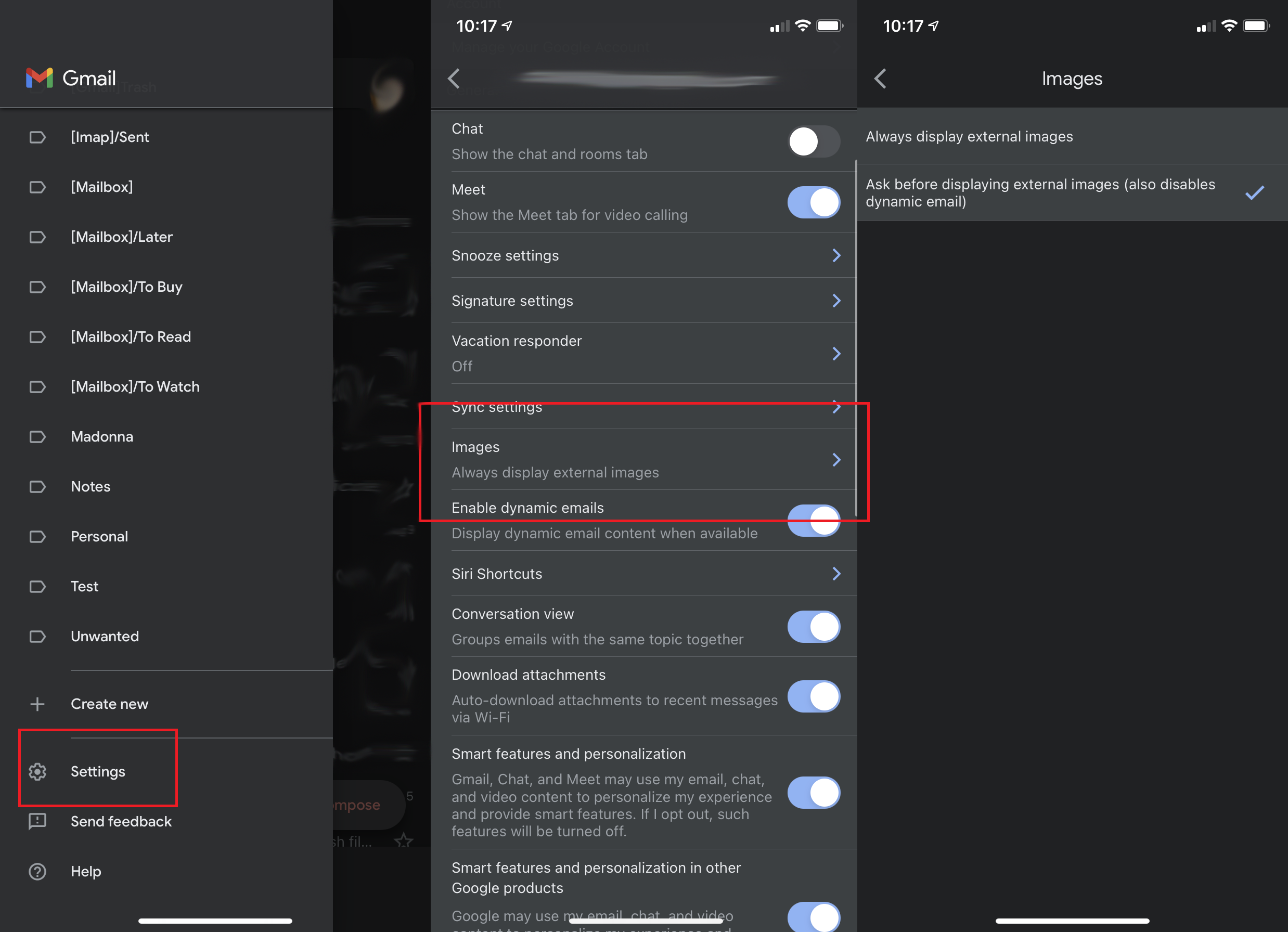 capturas de pantalla sobre cómo cambiar la configuración de carga de imágenes de Gmail