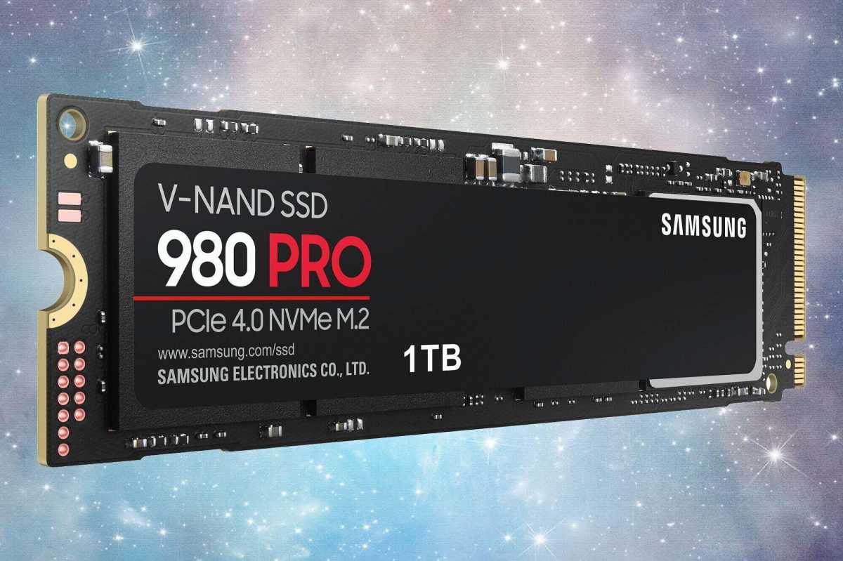 Samsung 980 Pro PCIe 4.0 SSD sobre fondo Pastel Galaxy