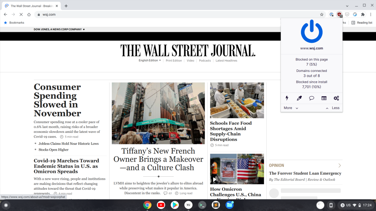 La página de inicio de Wall Street Journal se muestra en Chrome en ChromeOS