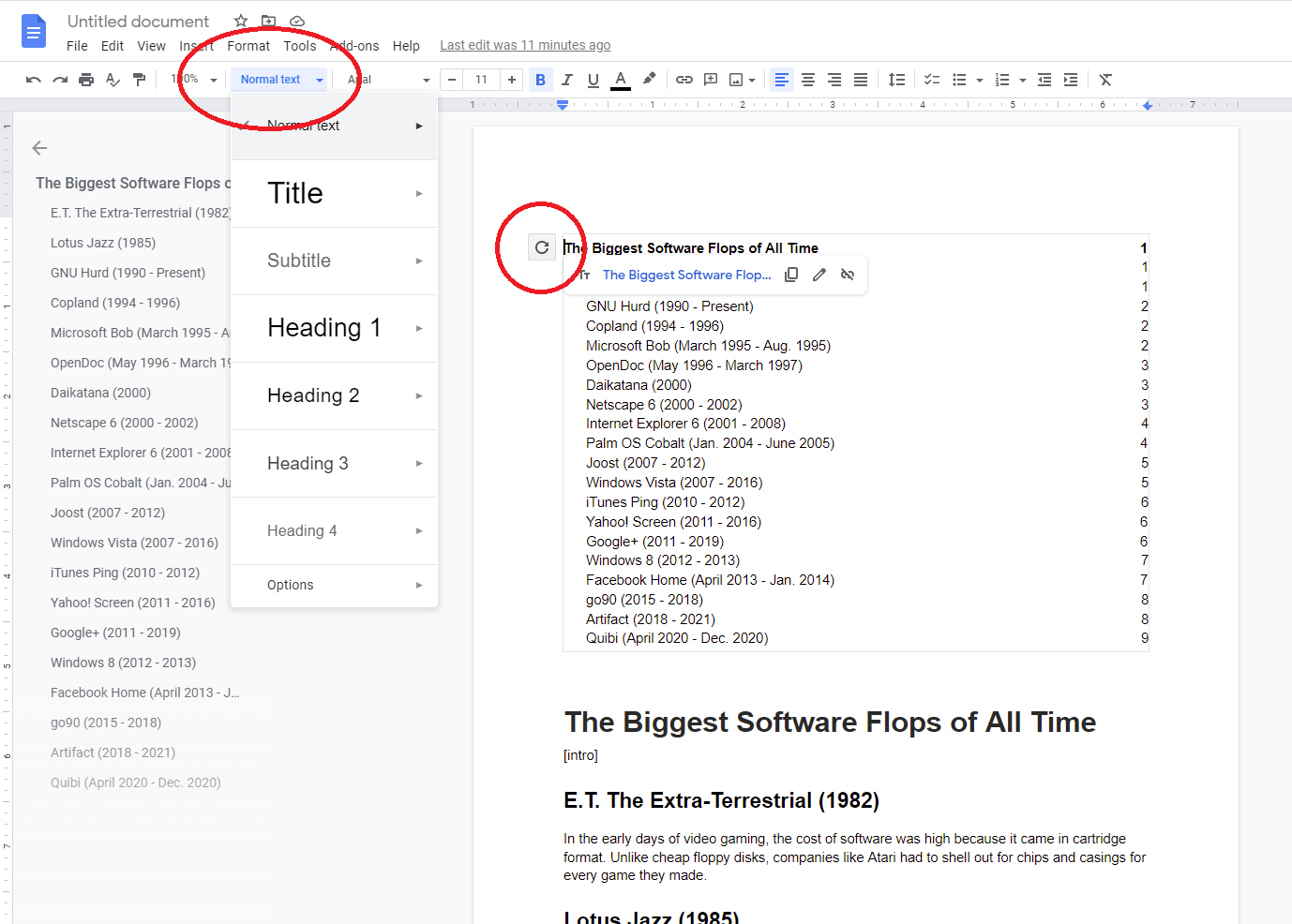 ejemplo de contenido con números de página en Google Docs