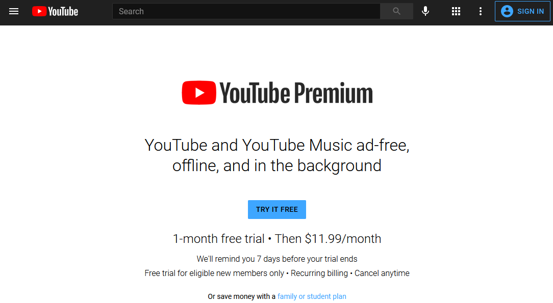 Precios premium de YouTube