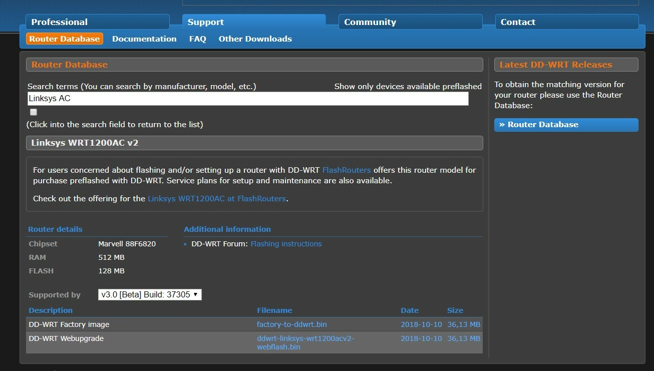 Captura de pantalla del sitio de descarga de DD-WRT