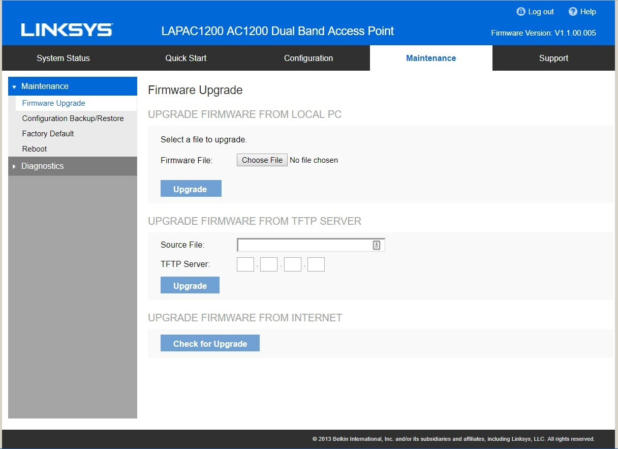 Captura de pantalla de actualización del firmware del enrutador Linksys WRT1200AC