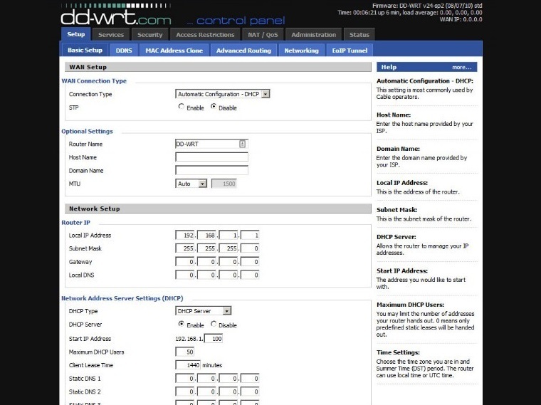 Captura de pantalla de la configuración de DHCP de DD-WRT