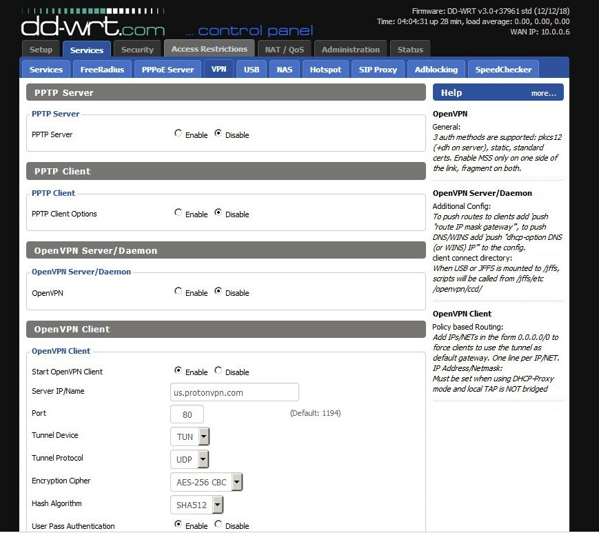 Página de configuración de DD-WRT OpenVPN