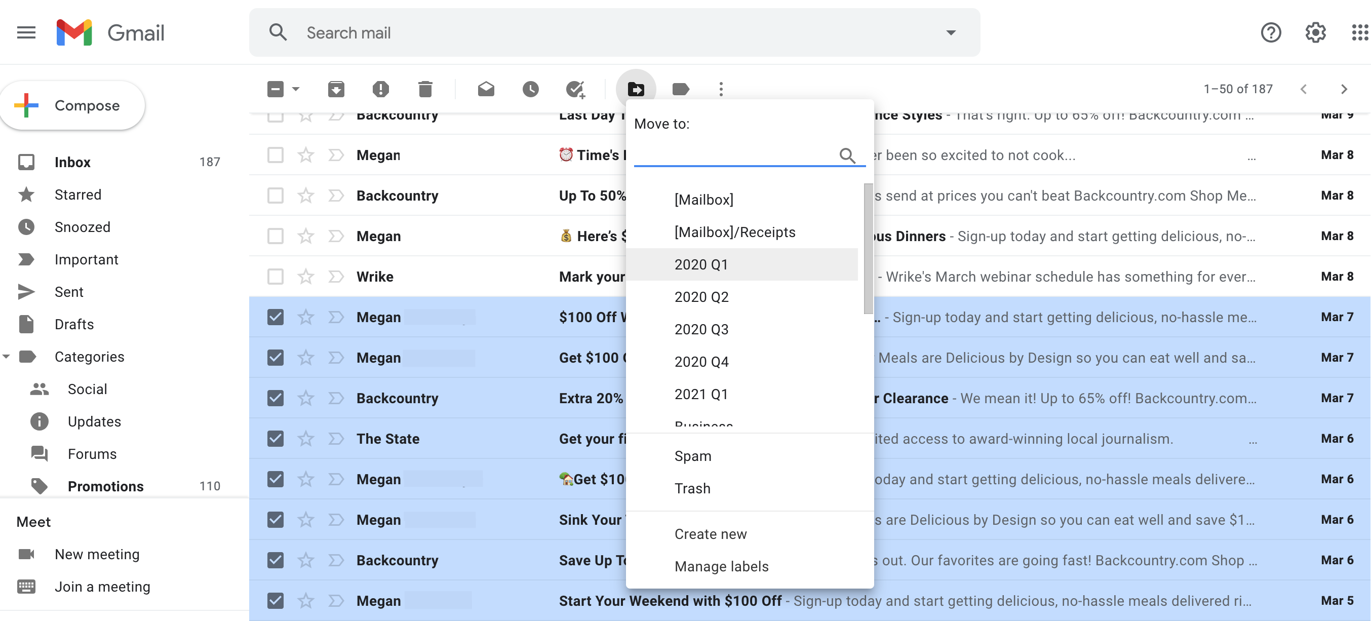 Gmail mueve mensajes a una carpeta de forma masiva