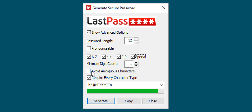 Opciones de juego de caracteres del generador de contraseñas en LastPass