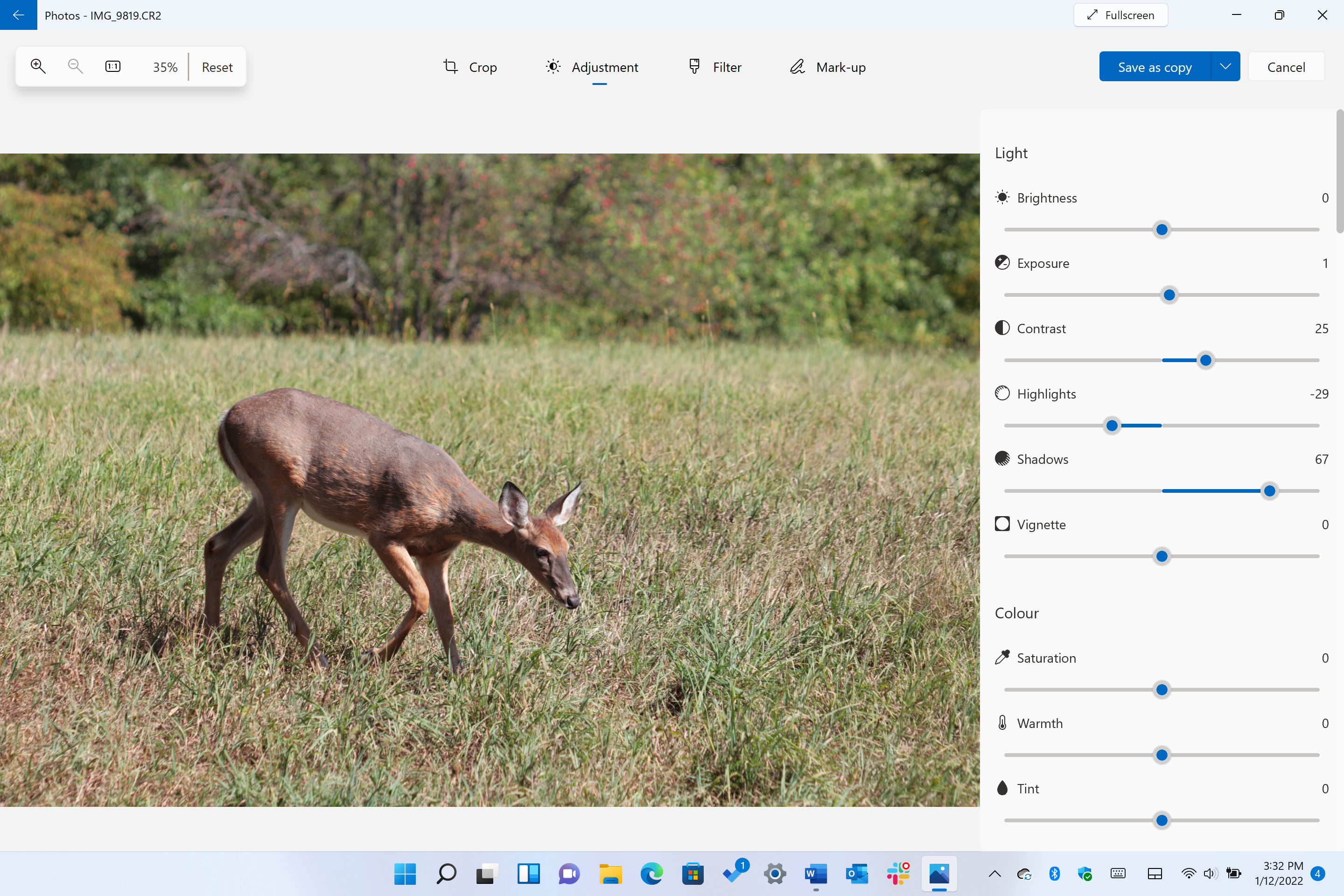 En Windows 11, Fotos, Marcar se conecta a las opciones Recortar, Editar y Filtrar en la página Editar.