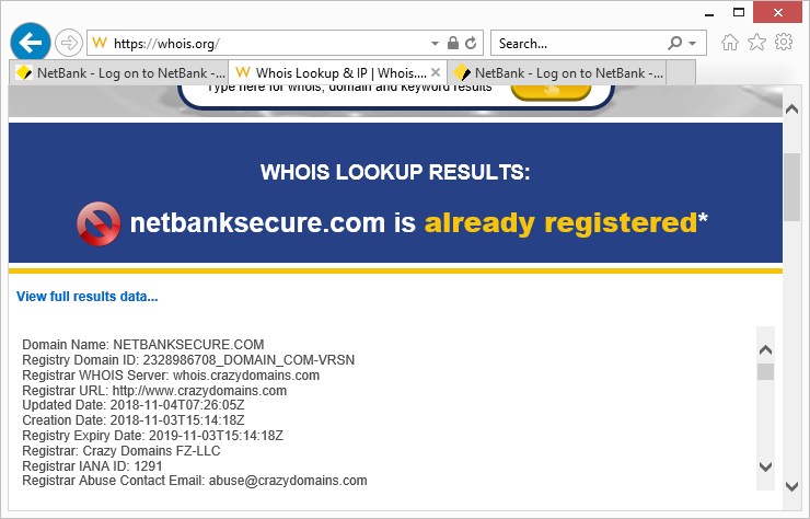 Página de phishing Comprobar Whois