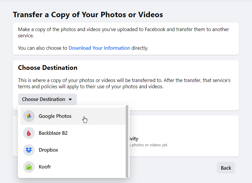 la opción de google photo en la sección Subir una copia de tus fotos o videos