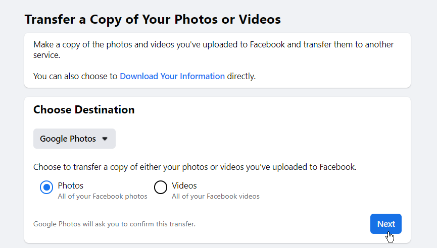 otorga a Facebook acceso a tu biblioteca de Google Photos