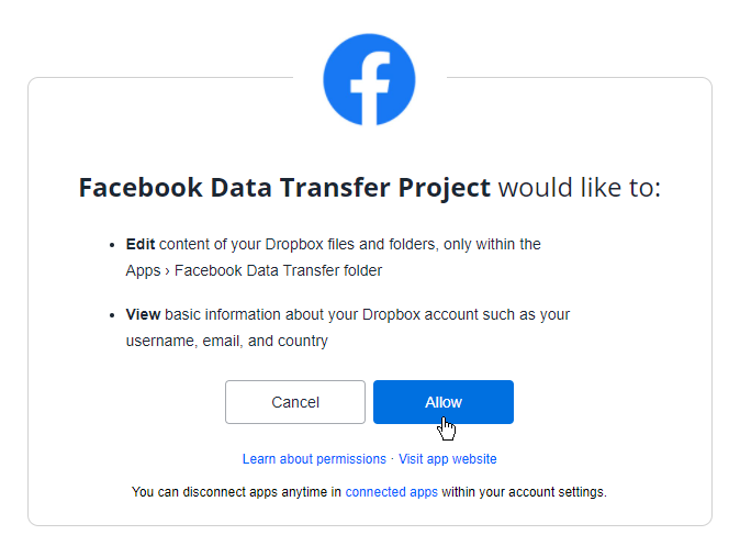     dar a Facebook los permisos necesarios para Dropbox