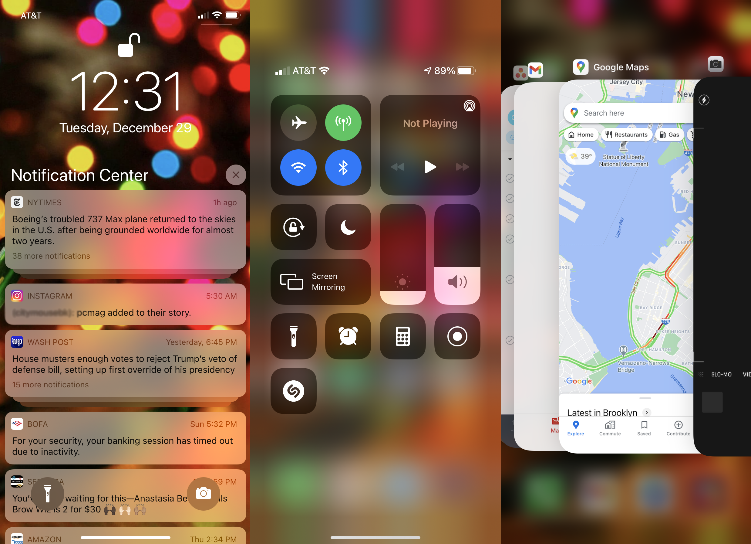 capturas de pantalla del centro de notificaciones del iPhone, el centro de control y los interruptores de aplicaciones