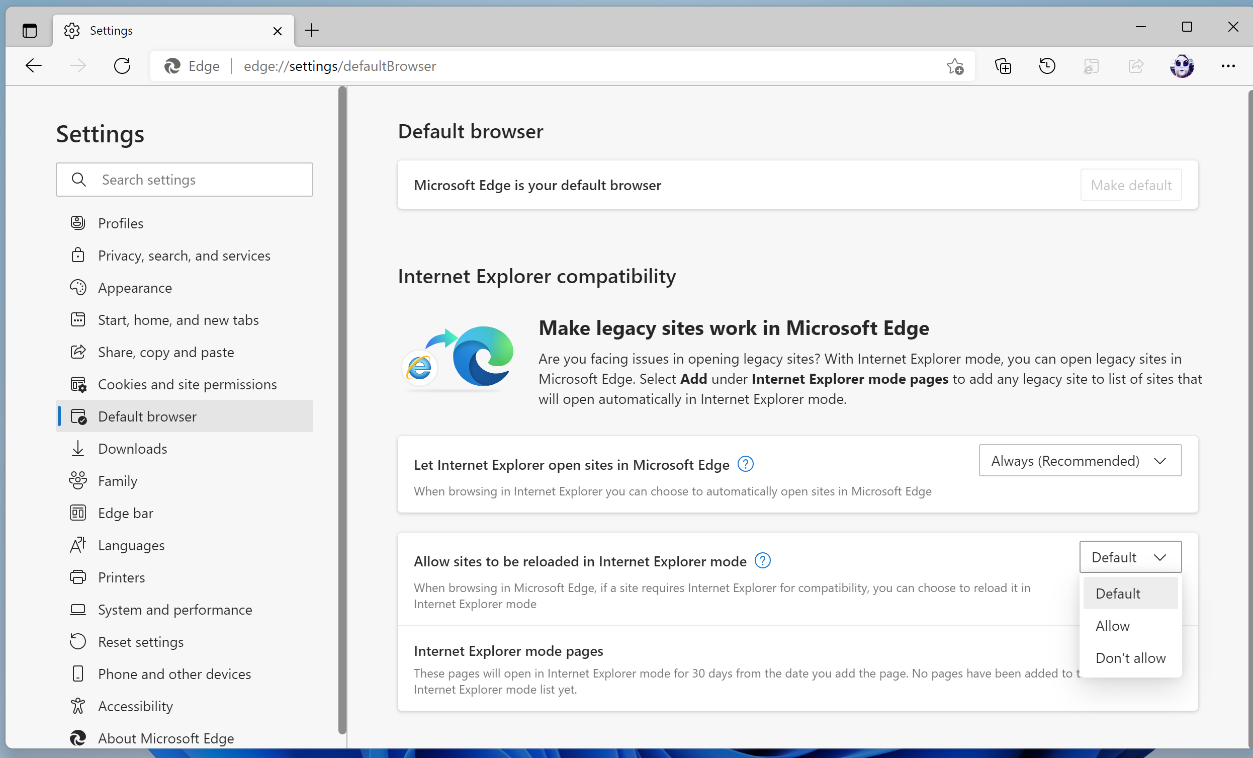Configuración de Internet Explorer en el navegador web Microsoft Edge