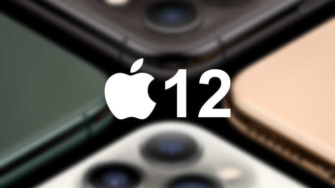 logotipo de iphone y 12 encima de cuatro iphones