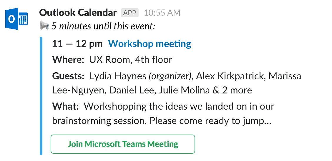 Recordatorio de reunión del calendario de Slack Outlook
