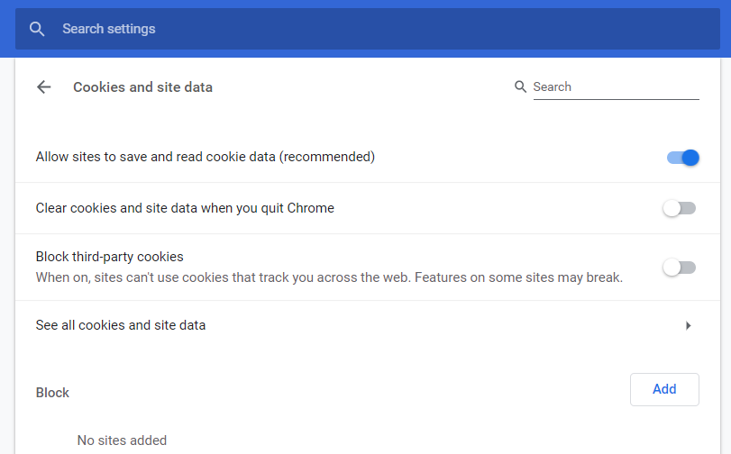 Configuración de cookies de Chrome