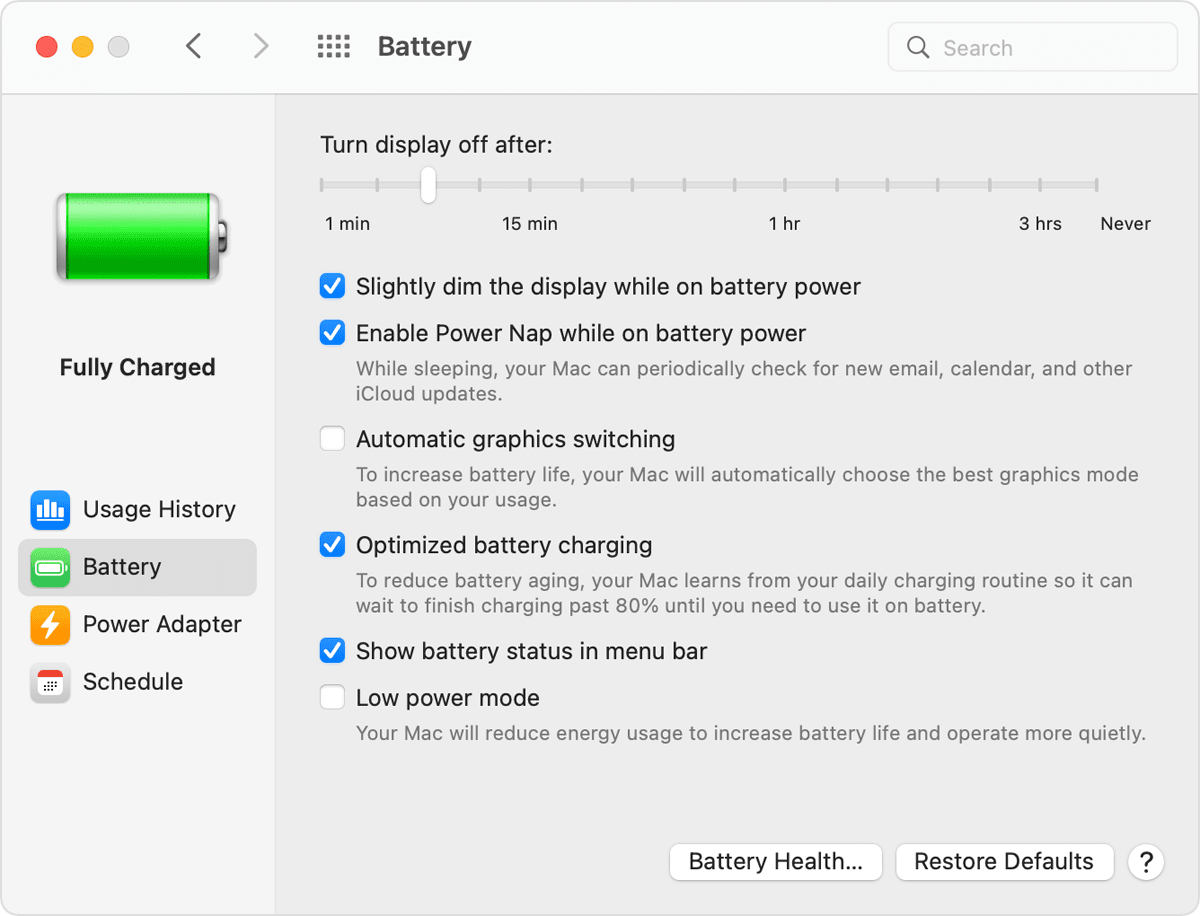 Configuración de la batería en macOS Monterey