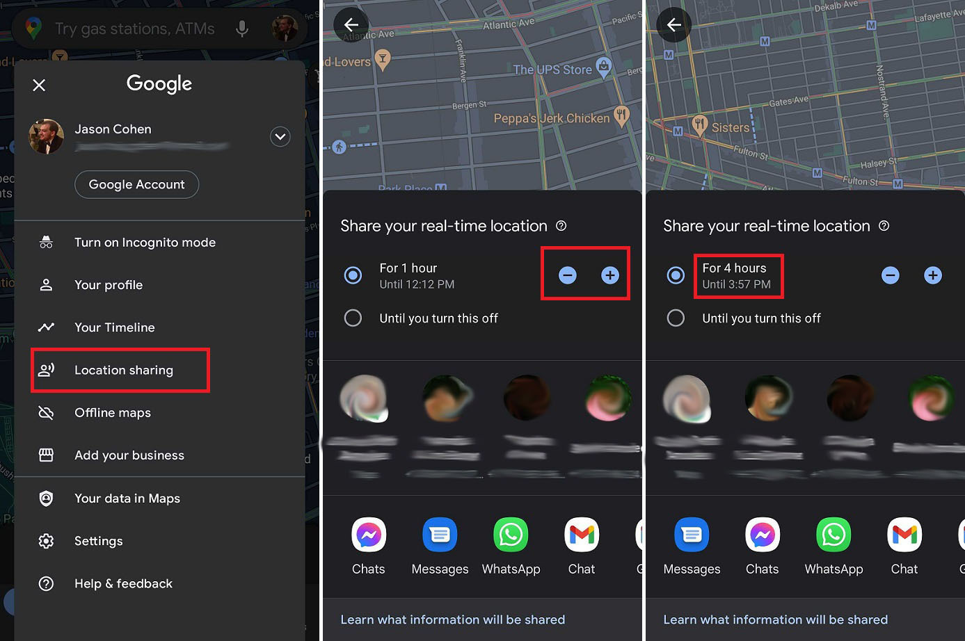 capturas de pantalla que le muestran cómo compartir temporalmente su ubicación con alguien