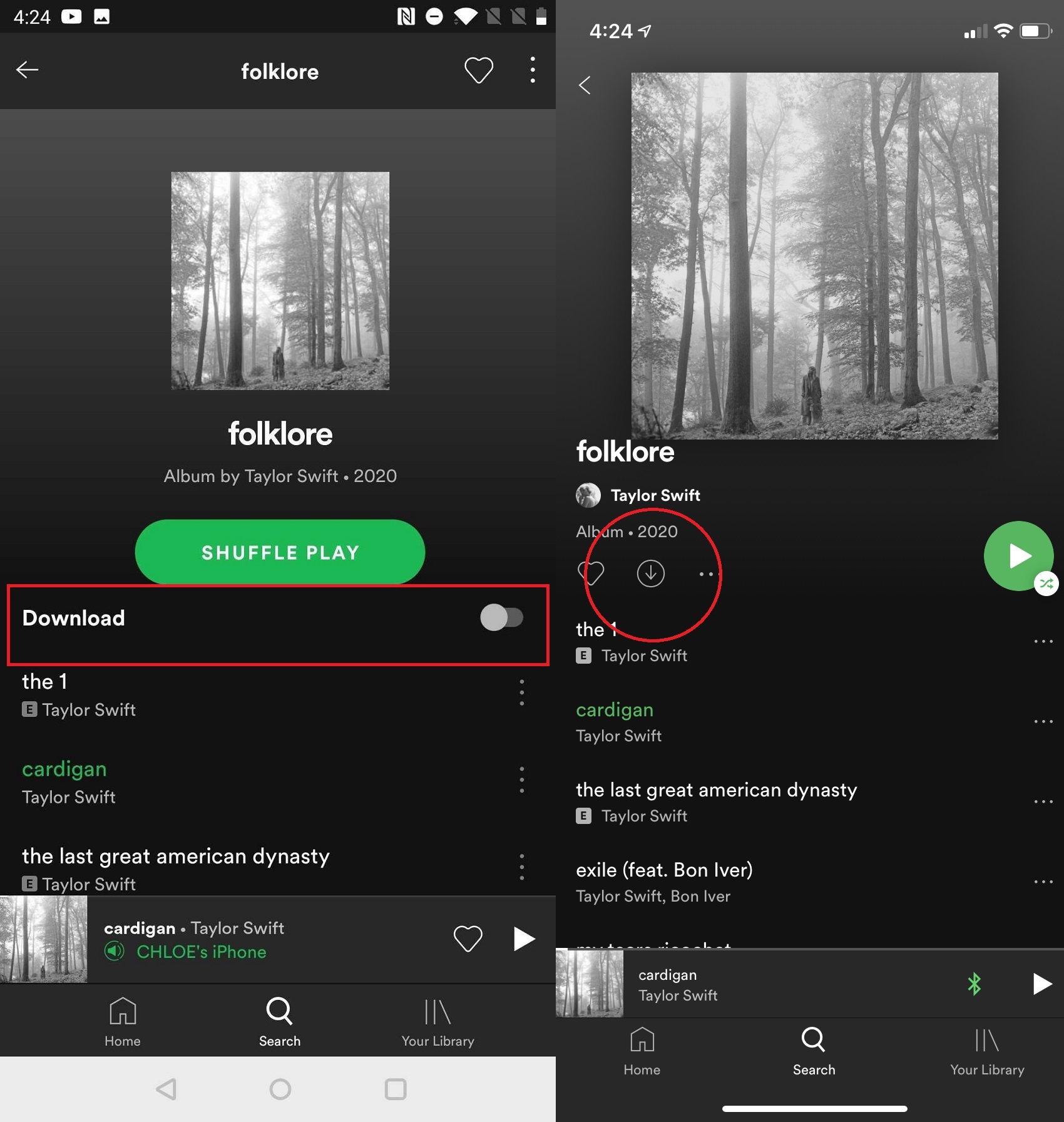 Descarga de álbumes en Spotify para uso sin conexión