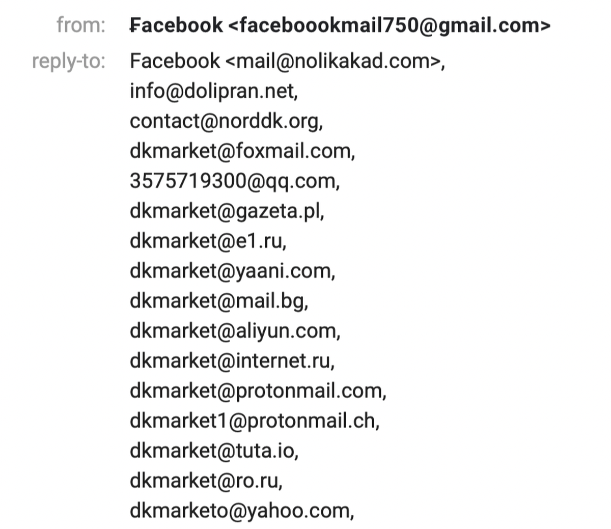 Lista de direcciones de correo electrónico fraudulentas en el mensaje