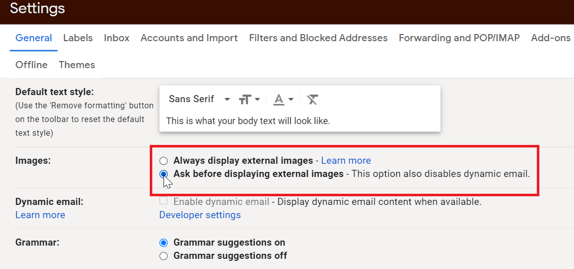 configuración de imagen en gmail