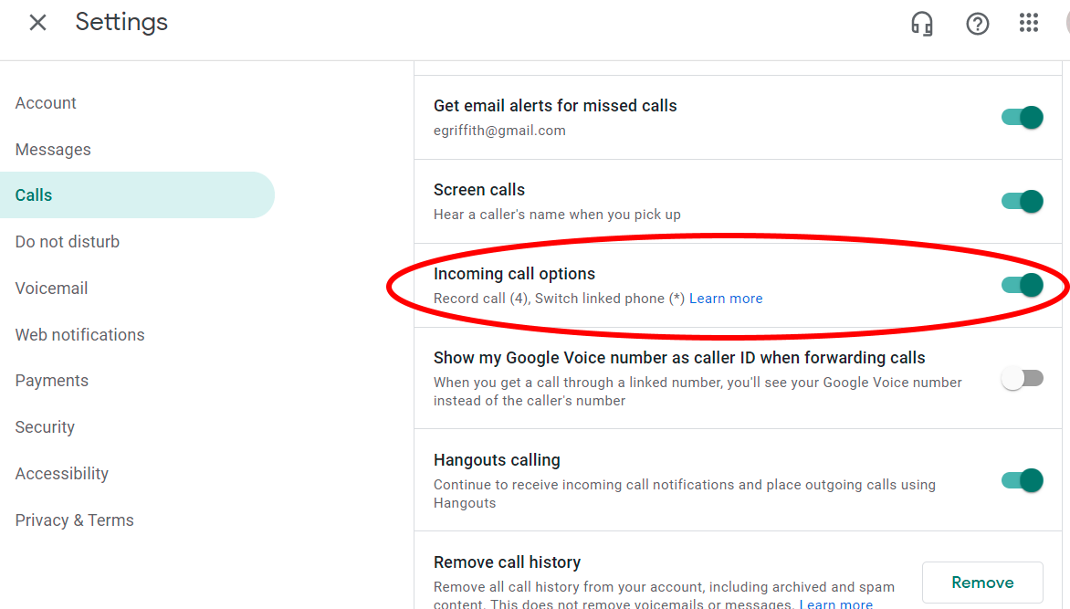 Opciones de llamadas entrantes de Google Voice
