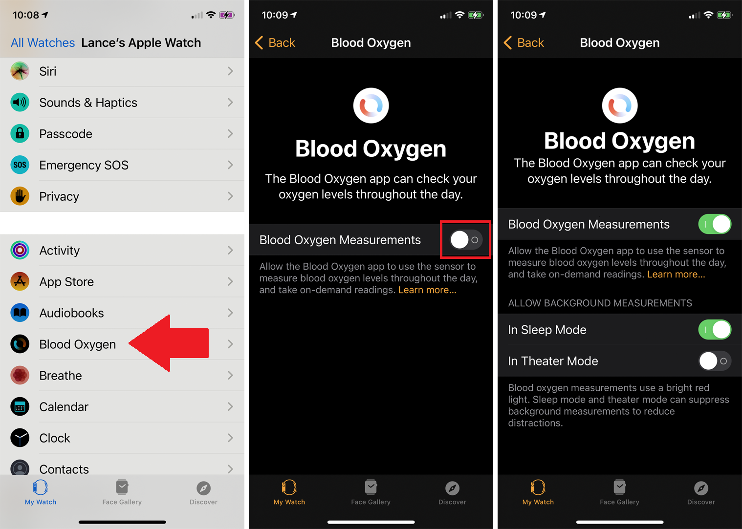 Ajustes de oxígeno en sangre en la aplicación Watch del iPhone