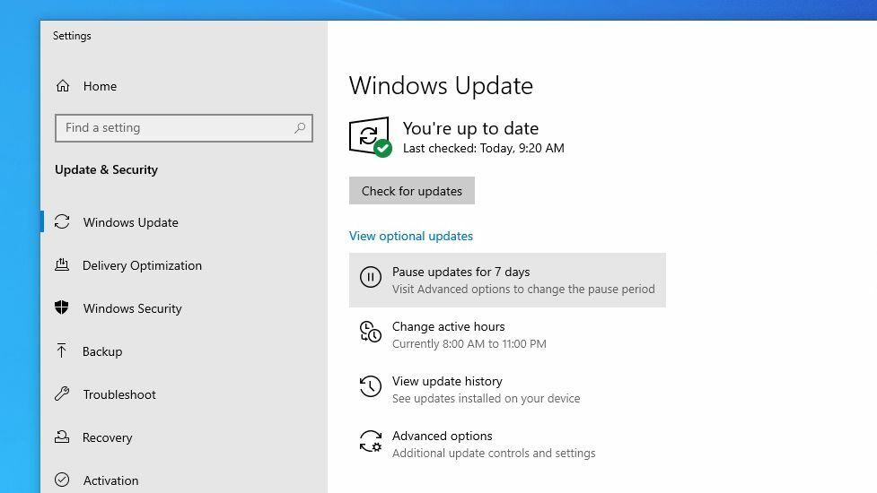 página de configuración de actualización de Windows